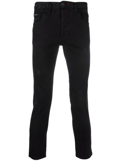 Philipp Plein Embroidered-logo Slim-fit Jeans In Schwarz