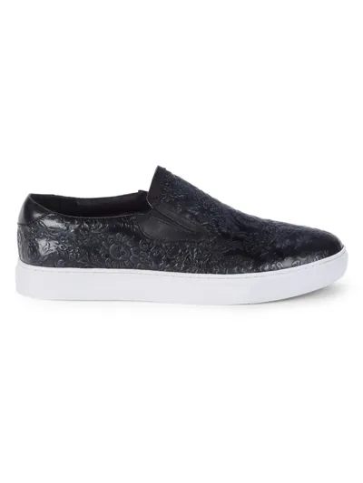 Robert Graham Men's Debossed Skull Leather Slip-on Sneakers In Black