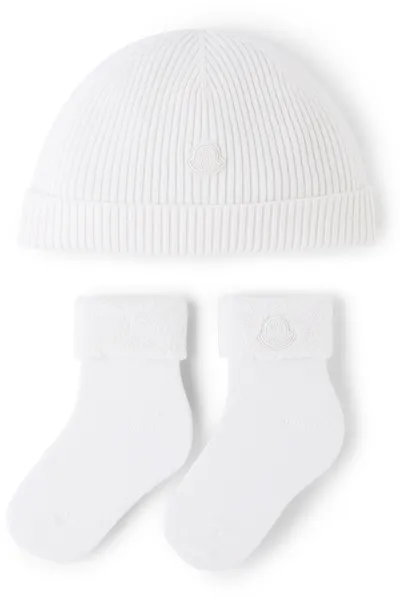 Moncler Kid's Silicone Logo Knit Hat & Socks Gift Set In Natural