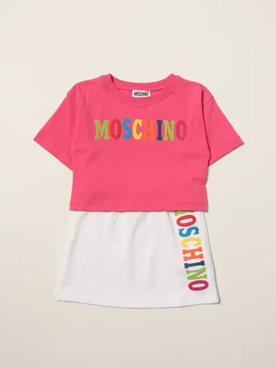 Moschino Kid Kid T-shirt + Skirt With Multicolor Logo In Pink