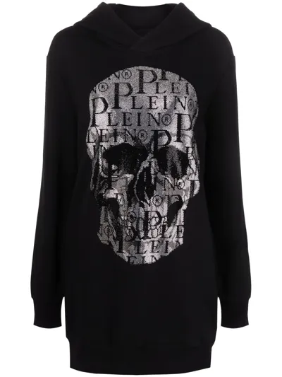 Philipp Plein Rhinestone Skull Hooded Dress In Black