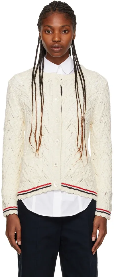 Thom Browne Off-white Pointelle Cable Knit Cardigan In Weiss