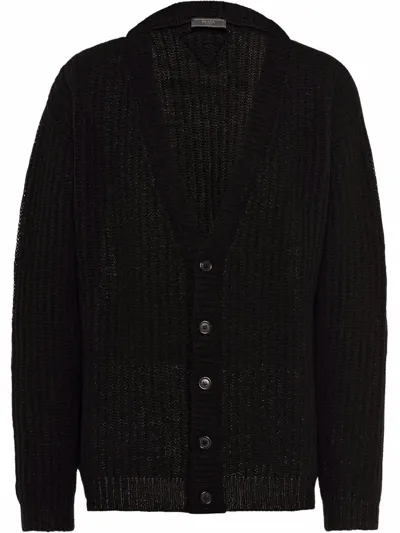 Prada Shetland Wool Ribbed V-neck Cardigan In Black