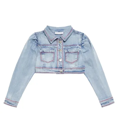 Monnalisa Kids' Embellished Denim Jacket In Stone+rosa Antico