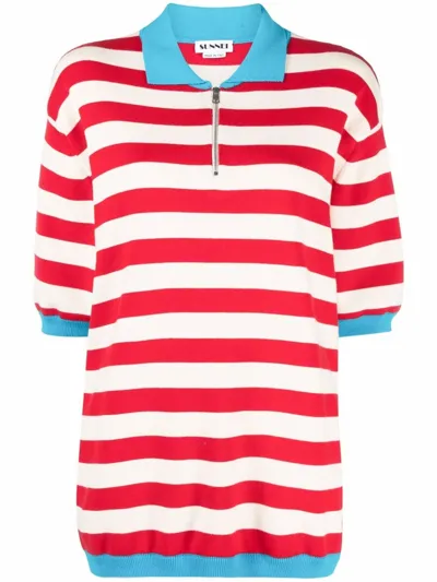 Sunnei Striped Short-zip Polo Shirt In Red