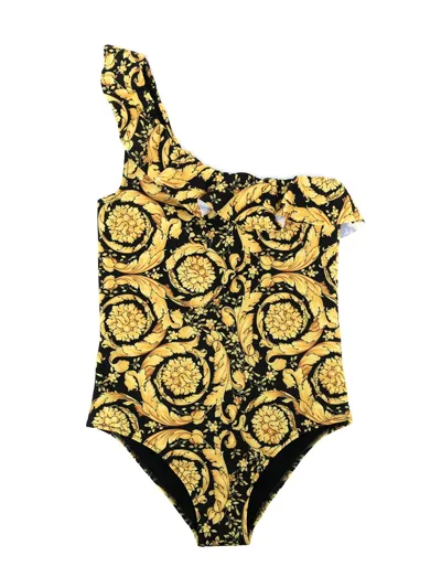 Versace Kids Black Barocco One-piece Swimsuit In Black Gold