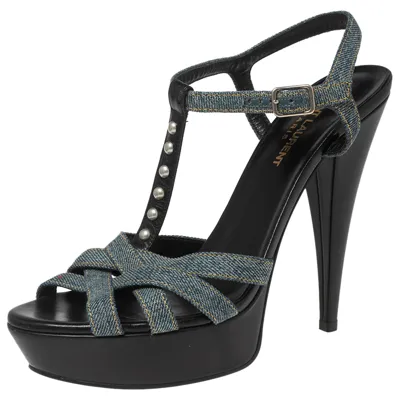 Pre-owned Saint Laurent Blue Denim Tribute Platform Sandals Size 39