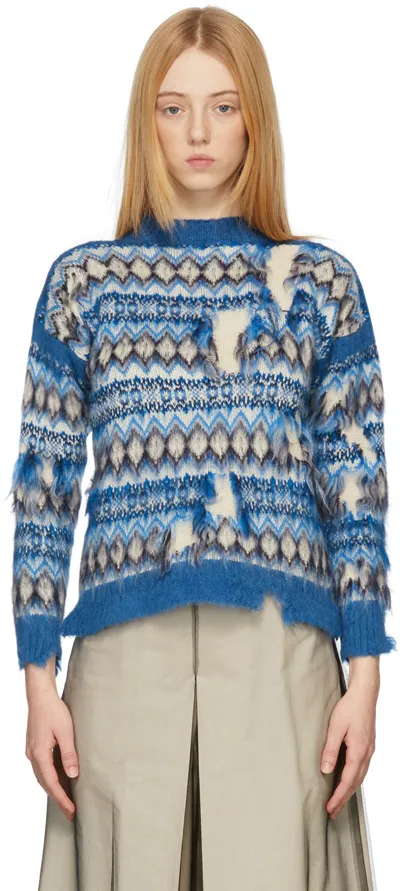 Maison Margiela Distressed Fair Isle Wool And Cotton-blend Sweater In Blue