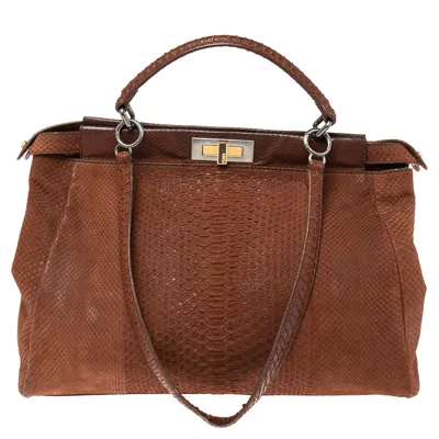 Pre-owned Fendi Cinnamon Brown Python Large Peekaboo Top Handle Bag