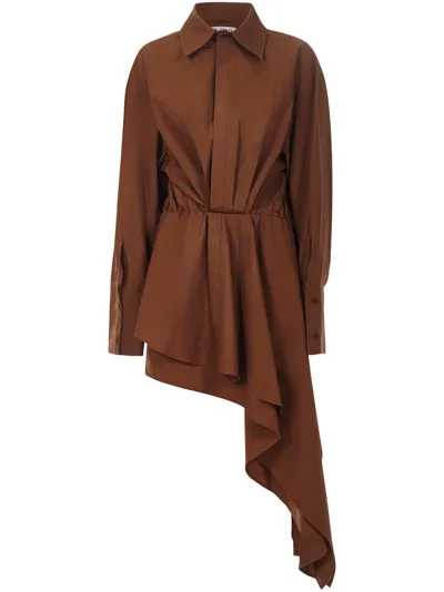 Attico Asymmetric Gathered Shirtdress In Brown