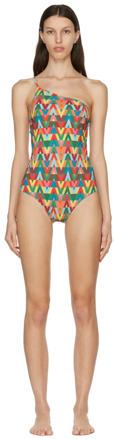 Valentino Multicolor V Pattern Single Shoulder One-piece In Multicolour