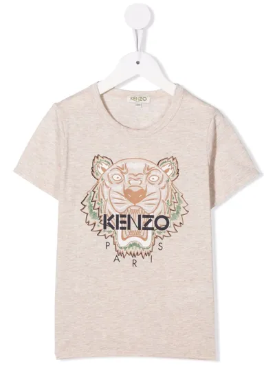 Kenzo Kids' Tiger Logo-print Crewneck T-shirt In Neutrals