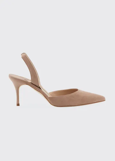 Manolo Blahnik Carolyne Suede Mid-heel Slingback Pump In Beige