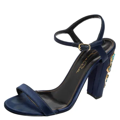 Pre-owned Oscar De La Renta Navy Blue Satin Lemmy Embellished Ankle Strap Sandals Size 37.5