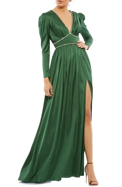 Mac Duggal Ieena Satin Embellished Empire Gown In Emerald