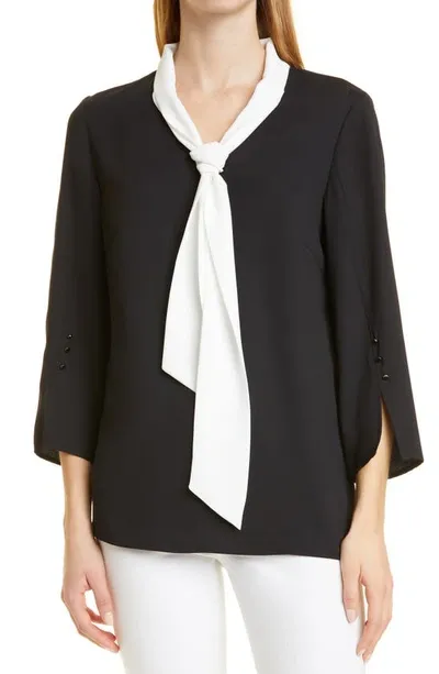 Misook Contrast Tie V-neck Crepe De Chine Blouse In Black White