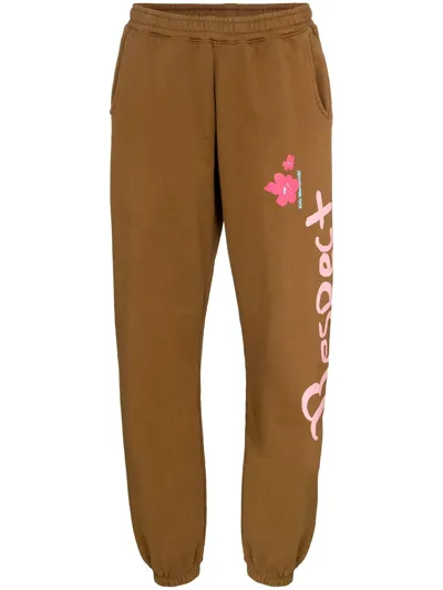 Kids Worldwide Respect Print Cotton Track Pants In Brown