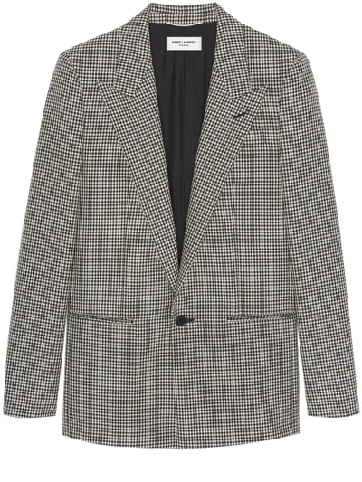 Saint Laurent Monochrome Checked Wool-blend Blazer In Black