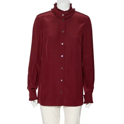 Pre-owned Dolce & Gabbana Burgundy Silk Ruffle Trim Detailed Button Front Shirt M