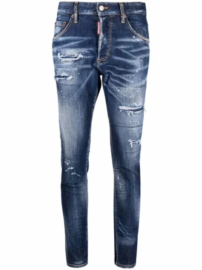 Dsquared2 Dark Ripped Bleach Wash Jennifer Cropped Jeans In Blue