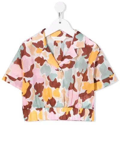 Palm Angels Kids' Camouflage-print Cropped Shirt In Neutrals