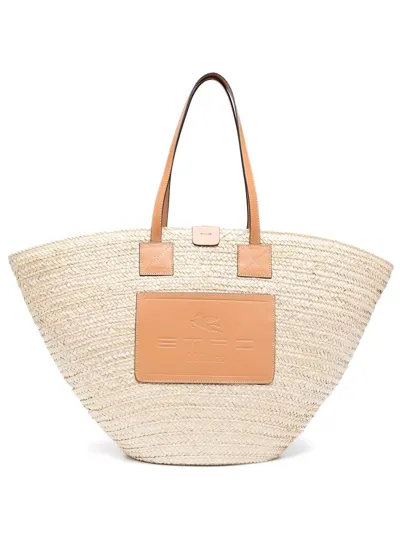 Etro Logo-patch Raffia Tote Bag In Neutrals