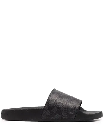 Coach Siganture Monogram Printed Slide Sandals In Charcoal Signature