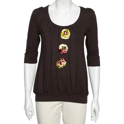 Pre-owned Kenzo Brown Knit Floral Applique Detailed Top S