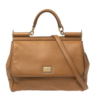 Pre-owned Dolce & Gabbana Light Brown Leather Large Miss Sicily Top Handle Bag