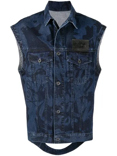 Ports V Slogan-print Denim Gilet In Blue