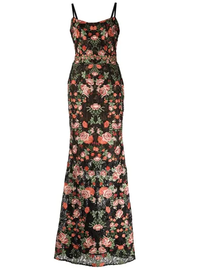 Marchesa Notte Embroidered Floral Evening Gown In Black