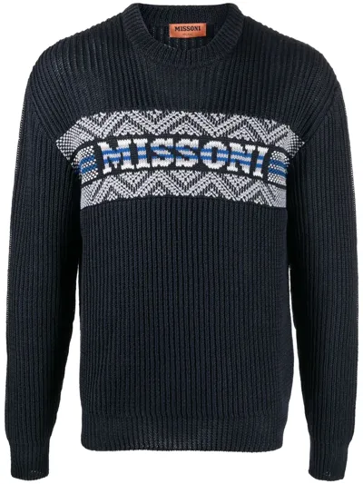 Missoni Logo Intarsia-knit Ribbed Jumper In Blue