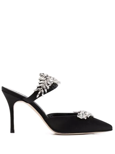 Manolo Blahnik Lurum 90mm Crystal- Embellished Satin Mules In Black