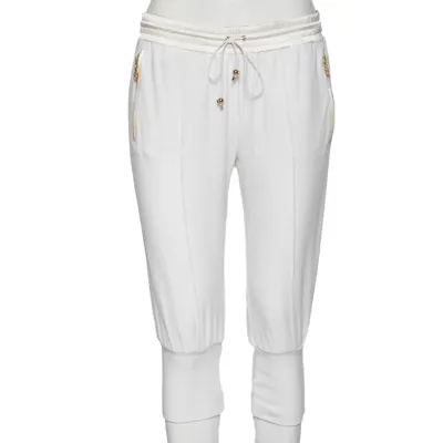 Pre-owned Roberto Cavalli White Cotton Rib Knit Detailed Cropped Joggers M