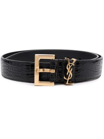 Saint Laurent Croco-embossed Logo Belt In Schwarz