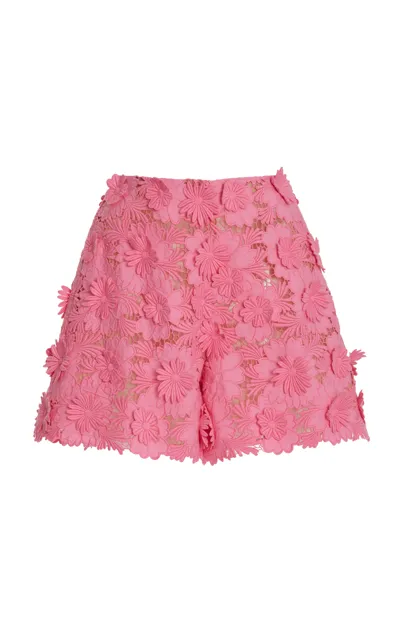 Oscar De La Renta Cotton Floral Guipure Wide Leg Short In French Pink