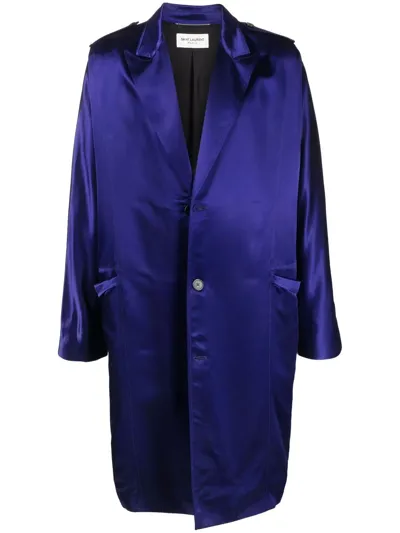 Saint Laurent Satin-finish Single-breasted Coat In Blue