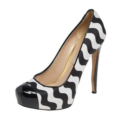 Pre-owned Nicholas Kirkwood Black /white Satin And Patent Leather Platform Cap Toe Pumps Size 37