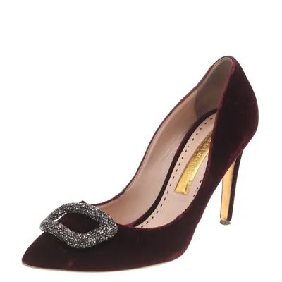 Pre-owned Rupert Sanderson Deep Red Velvet Crystal Embellished Pointed Toe Pumps Size 39