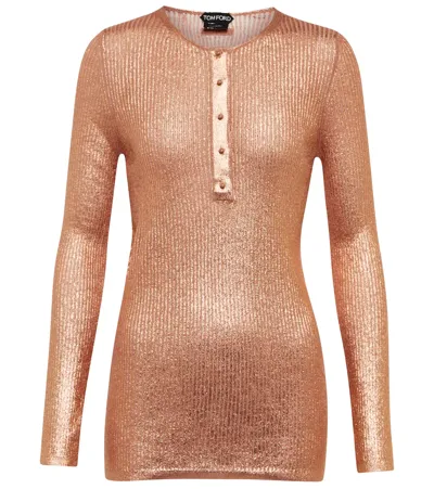 Tom Ford Metallic Cashmere-silk Henley Top In Beige