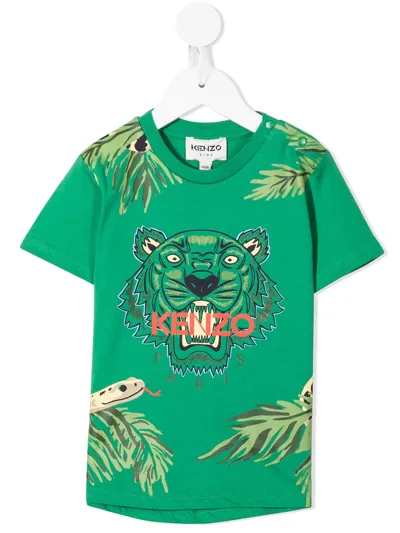 Kenzo Kids' Green Newborn T-shirt With Tiger Print With Logo On The Front, Crew Neck, Buttoning On The Shoulder In Verde