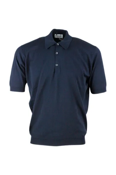 John Smedley Short-sleeved Polo Shirt In Extra-fine Cotton Thread With Three Buttons In Blue