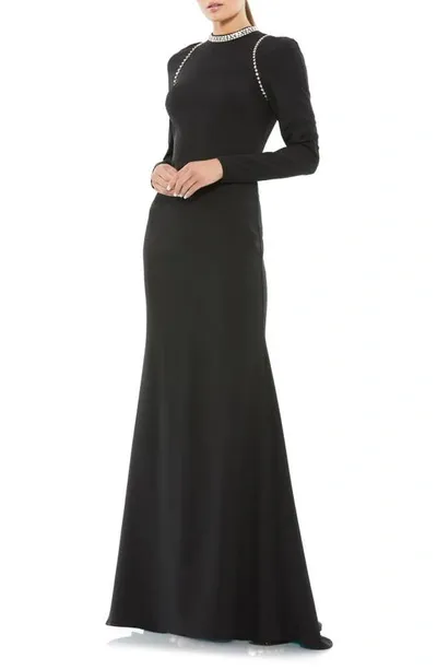 Mac Duggal Jeweled Long Sleeve Trumpet Gown In Black