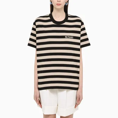 Sunnei White And Black Striped Logo-print T-shirt In ["black"/ "multicolor"/ "white"]