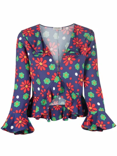 Saint Laurent Floral-print Blouse In Blue