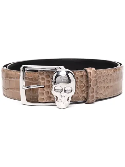 Philipp Plein Crocodile Effect Skull Belt In Neutrals