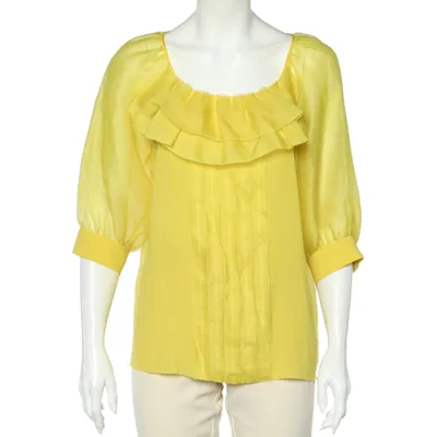 Pre-owned Oscar De La Renta Yellow Silk Organza Ruffle Detail Sheer Top L