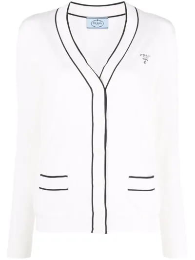 Prada Logo-knitted V-neck Cardigan In White