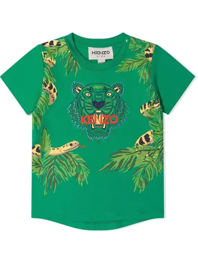 Kenzo Kids' Tiger Motif Logo T-shirt In Green