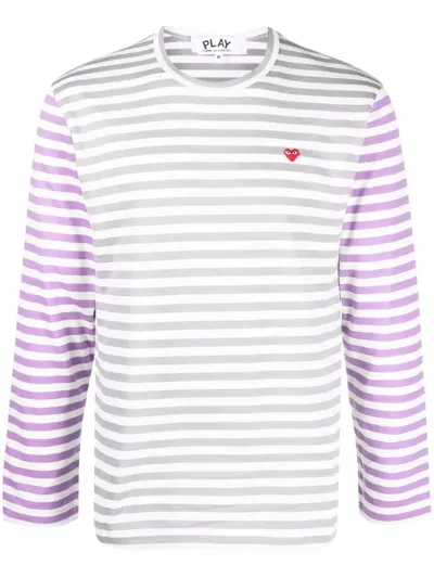 Comme Des Garçons Play Small Heart Stripe Colorblock Long Sleeve T-shirt In Grey